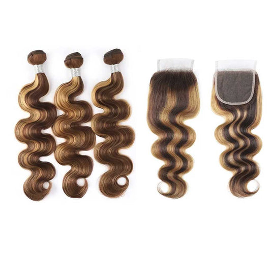 Highlight-Honey-Blonde-P4-27-Body-Wave-3-Bundles-With-Lace-Closure