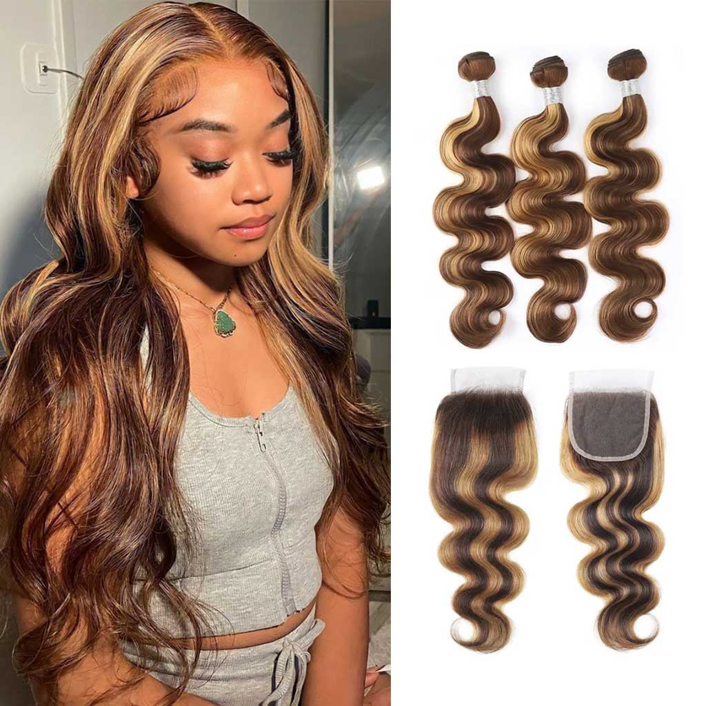 Bombtress-Highlight-Honey-Blonde-P4-27--Body-Wave-3-Bundles-With-Lace-Closure