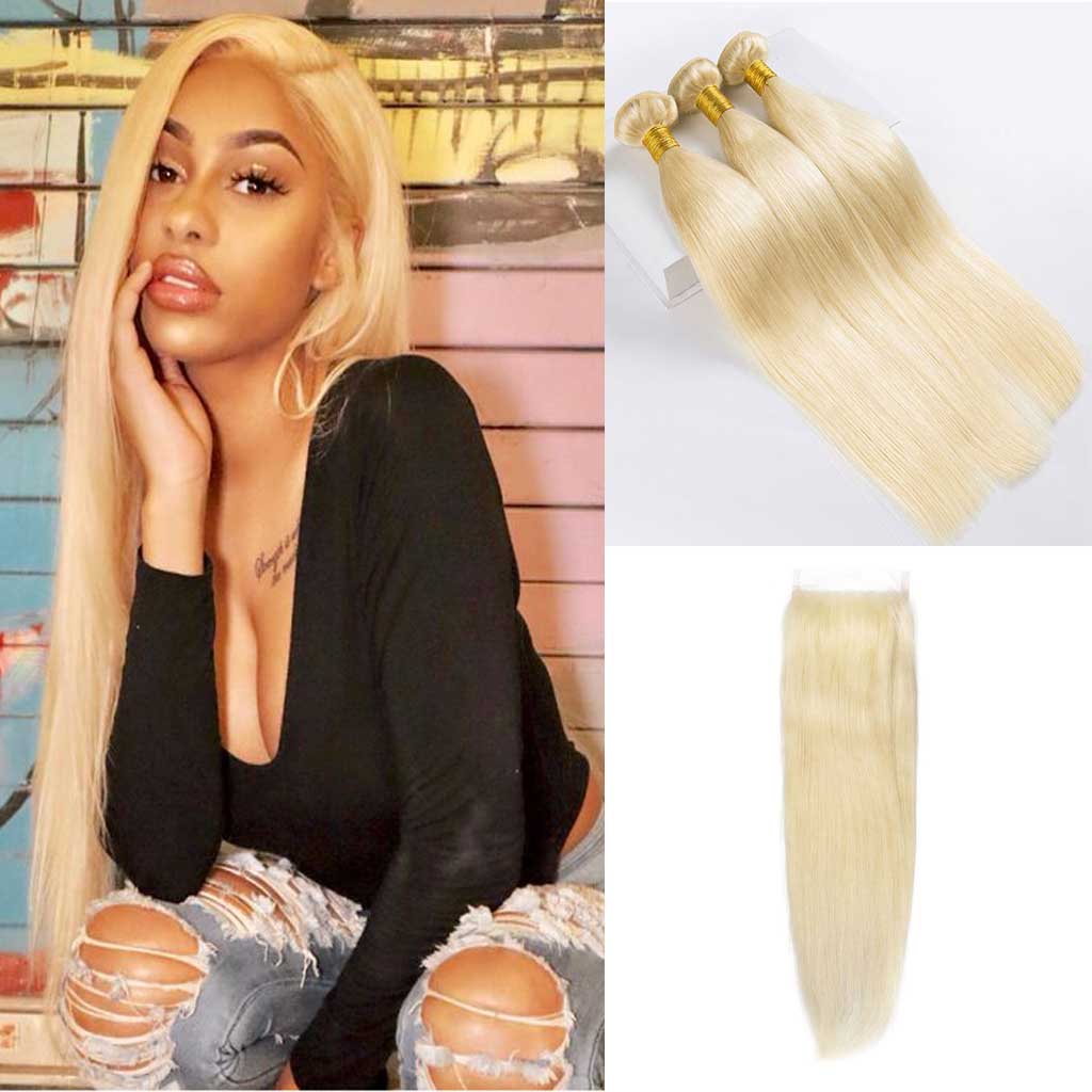 Blonde-613-human-hair-bundles-brazilian -straight-with-free-part-lace-closure-deal