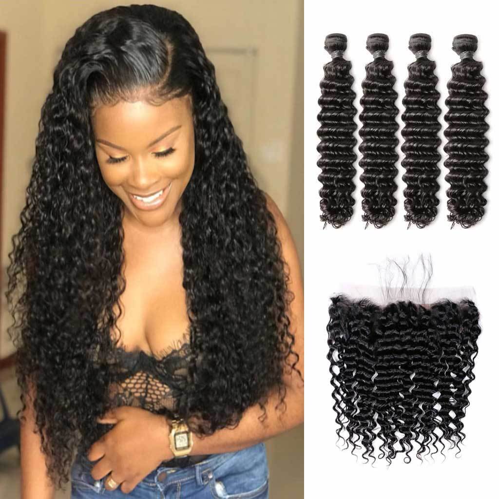 Brazilian Deep Wave Curly Virgin Hair 4 Bundles With 4x13 Lace Frontal
