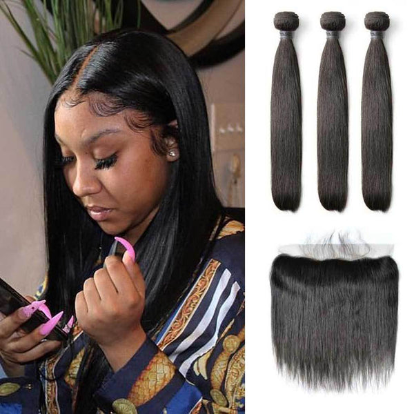 Brazilian Straight Hair 3 Bundles With Lace Frontal From Ear To