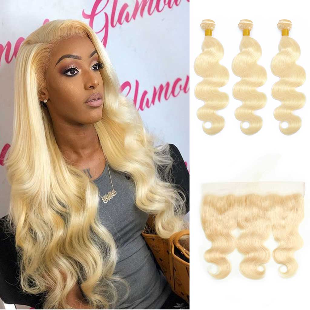 Brazilian Body Wave 613 Blonde Hair 3 Bundles With 613 Lace Frontal