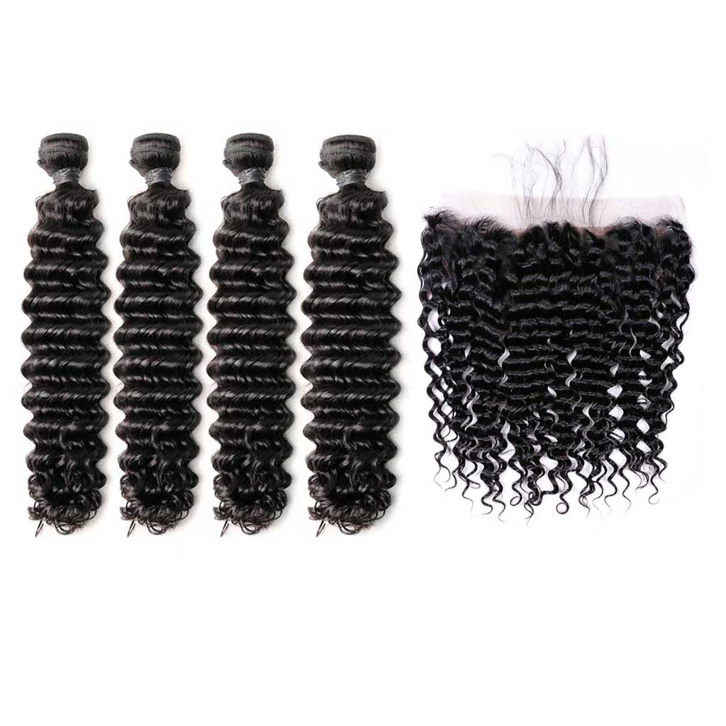 Brazilian Deep Wave Curly Virgin Hair 4 Bundles With 4x13 Lace Frontal