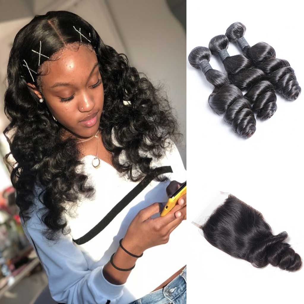 Brazilian Loose Wave Virgin Human Hair Bundles With Lace Closure