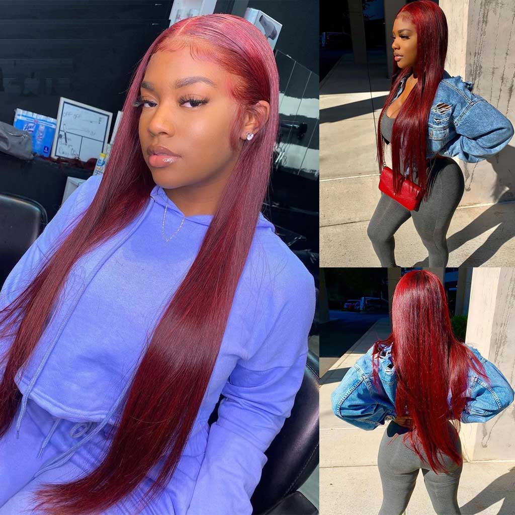 Burgundy-99J-lace-frontal-wig-180%-density-color-wig-transparent-straight-hair-wigs