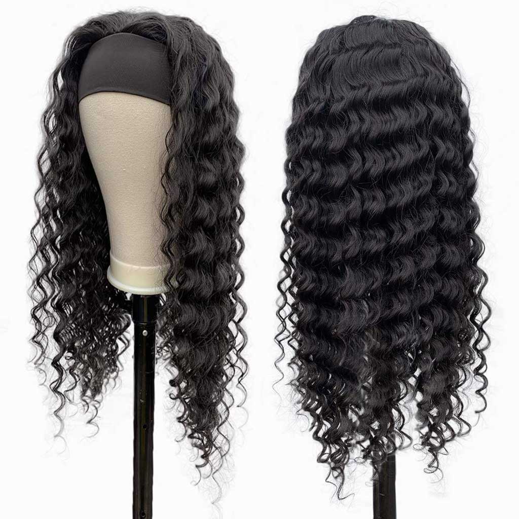 Perruque Deep Wave avec bandeau, sans colle, en cheveux humains