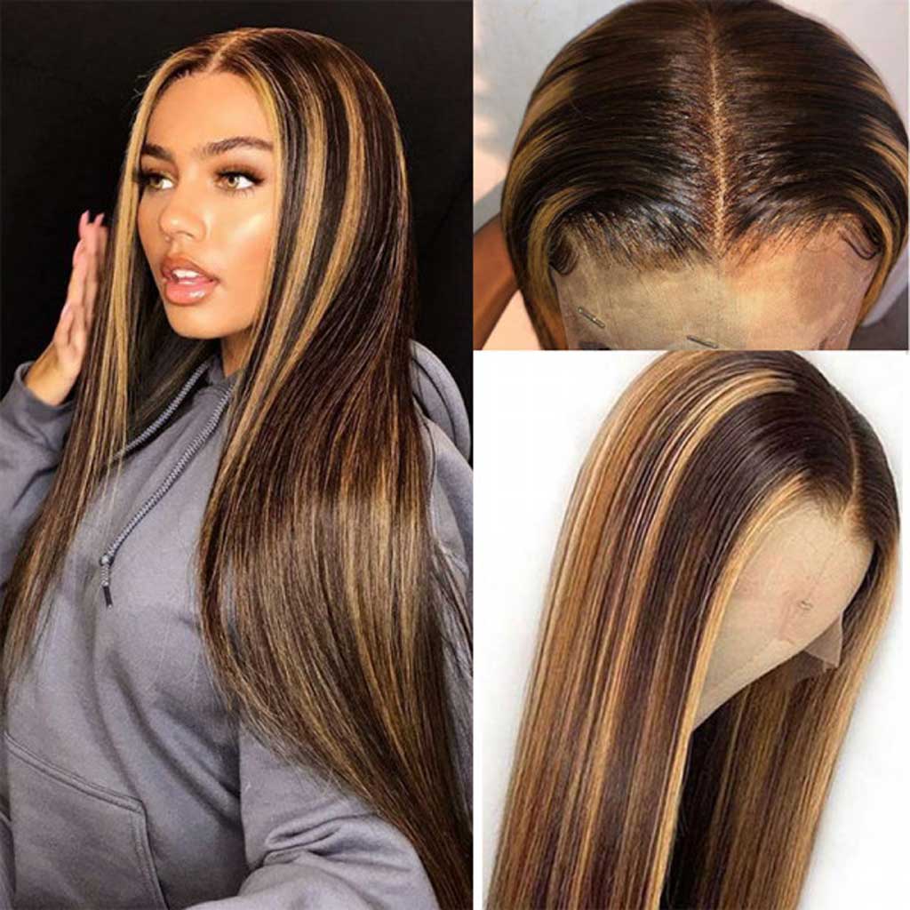Mix-color-ombre-hair-Highlight-wig-lace-closure-wig-preplucked-straight-human-hair-wigs